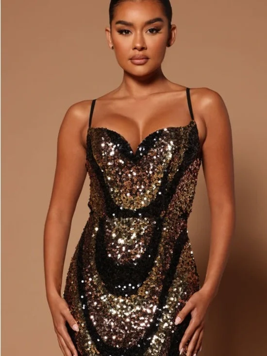 Gala Glam Sequin Maxi Mermaid Evening Dress in Bronze and Black NWOT - Picture 4 of 6